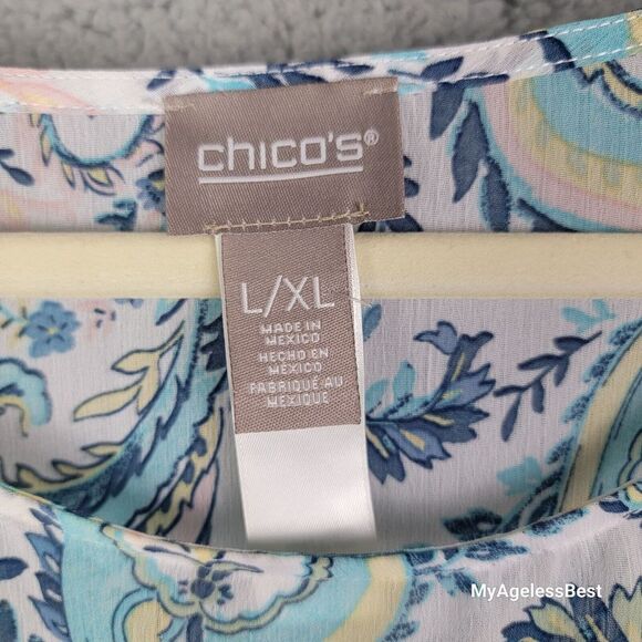 Chico's Cover-up Poncho Womens L XL Blue White Paisley Side Tie Sheer Angled - Picture 5 of 16